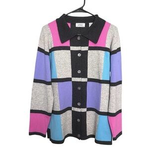 VTG Lord & Taylor Cashmere Multi Color Block Cardigan SZ M Preppy Classic Artsy